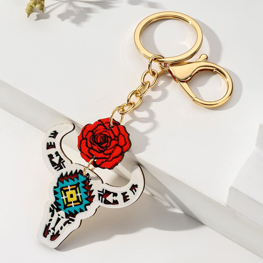 Wholesale Aztec Patterned Horns Wooden Keychain